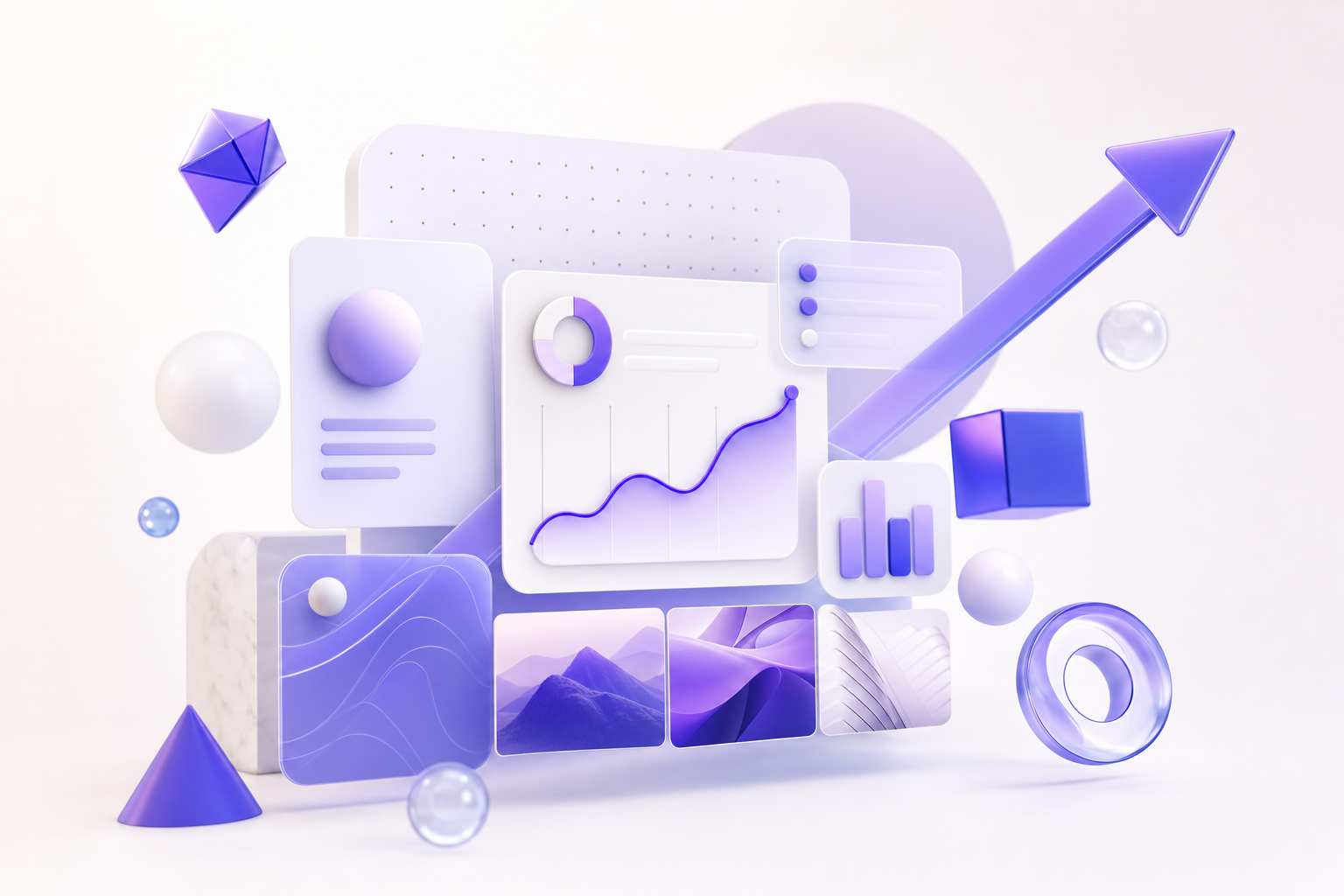 Abstract 3D composition of analytics dashboards, an upward growth arrow and content tiles representing data-driven creative work