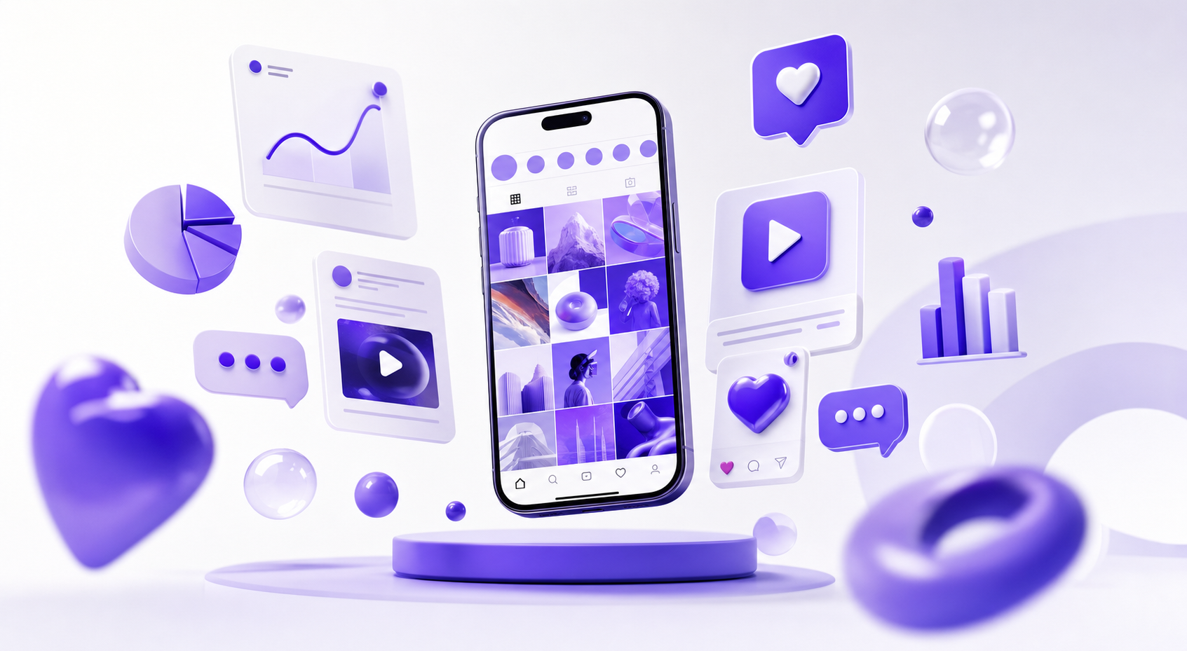 A smartphone displaying a vibrant social media feed surrounded by floating analytics cards, video play buttons and engagement icons